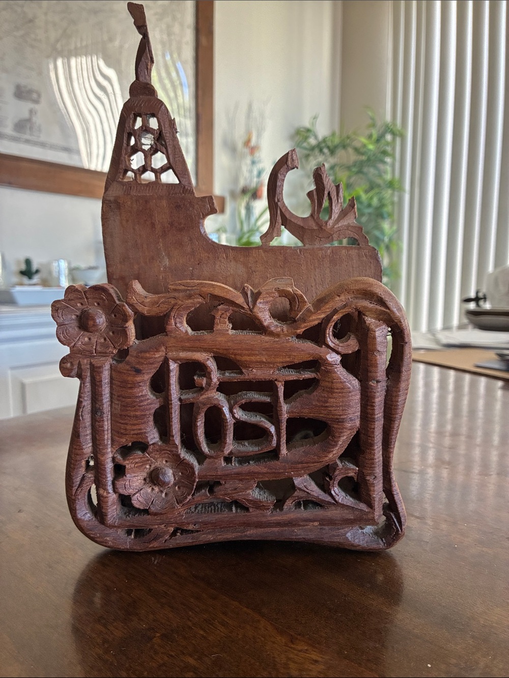 Hand-Carved Wooden Letter Holder - Brown